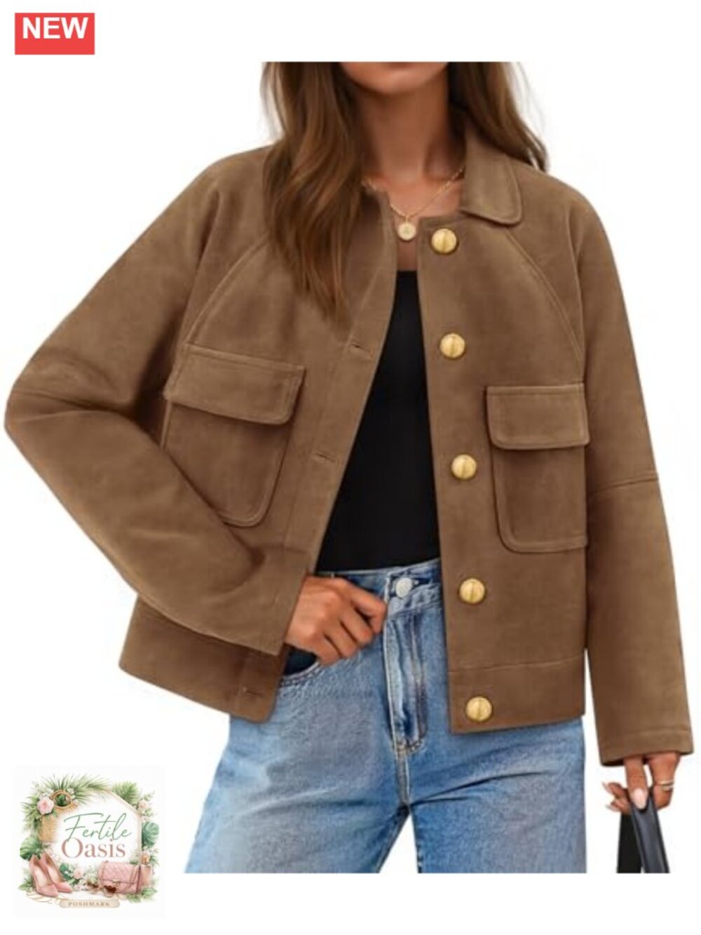 Faux Suede Crop Jacket Button Down Long Sleeve Collared Casual Women's